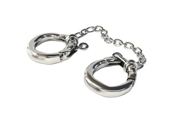 Silver handcuffs connected by a short chain isolated on a clean white background 3D rendering
