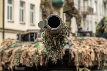 Close-up of a camouflaged tank cannon pointing towards the sky in an urban setting, with building with soldiers walking on the turret