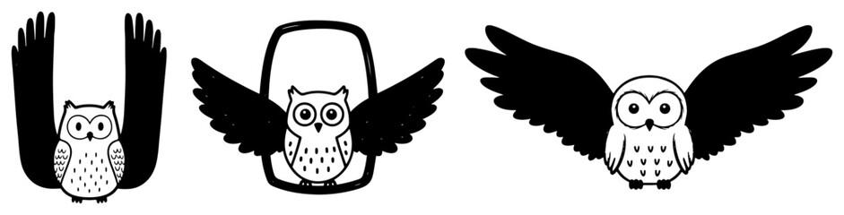 Cute owl vector illustrations set featuring flying bird with spread wings and sitting mascot poses in black and white