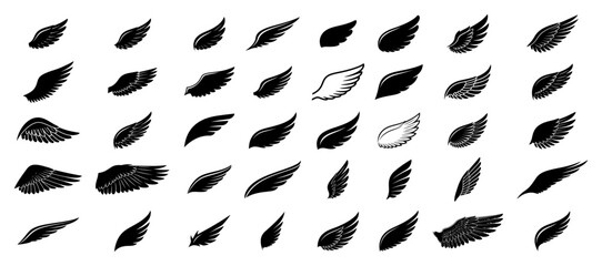 Large set of black bird wing silhouettes featuring various feather styles suitable for tattoo designs and angel logos