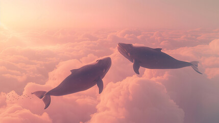 Two surreal whales floating in a dreamy pink sky with soft clouds and ethereal lighting.