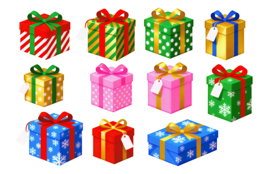 Collection of twelve colorful gift boxes with ribbons and bows, isolated on white background