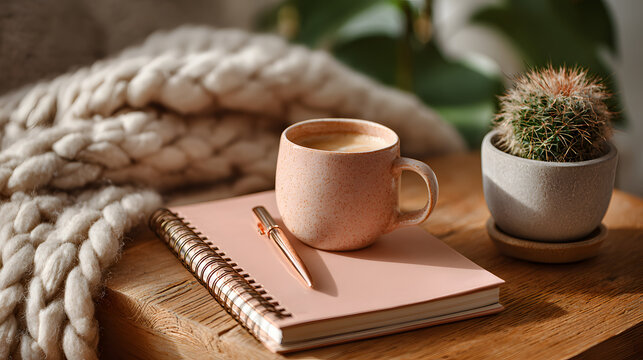 cozy desk scene featuring a stylish notebook dedicated to setting 2025 goals inspires motivation and organization. dreams and aspirations, it encourages productivity and personal growth