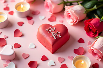 Romantic Heart Dessert Scene. Pink Valentine Sweet Setting. Cozy Love Dessert Composition.