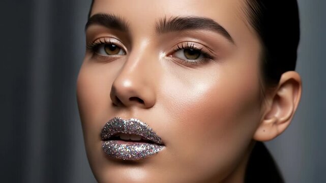 Glamorous metallic lip makeup: closeup beauty portrait with sparkling silver lips