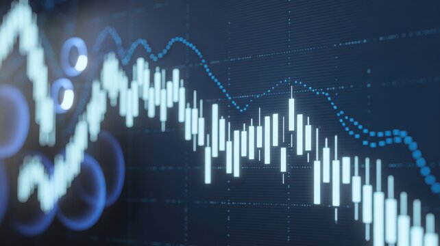 Financial data visualized with candlestick charts and trend lines. A depiction of market volatility and trading - Powered by Adobe