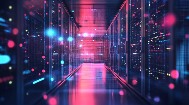 Cutting edge server room with dynamic neon lights reflecting off hardware, ideal for tech companies, data solutions and innovative technologies