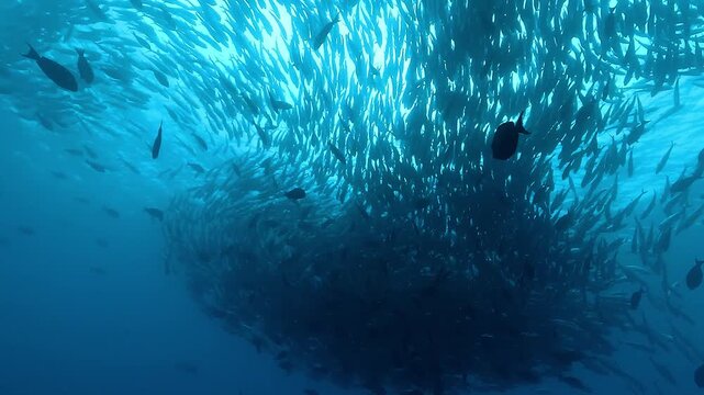 A proteiform school of jacks constantly changes shape as it moves through open water in the Sea of Cortez, Baja California, Mexico, flowing between tight clusters and wider formations. 