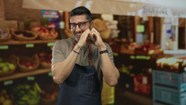 Man smiling in glasses and denim apron makes heart with hands beside baskets of apples and bananas at street fruit market stall; love community support. - Powered by Adobe