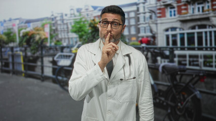Doctor man in white coat and stethoscope with finger to lips gesture on street by canal in...