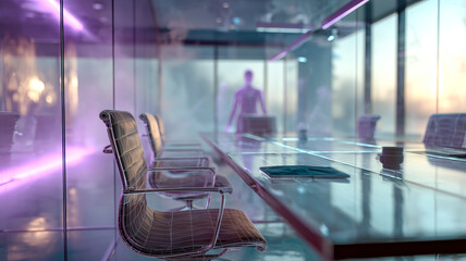 Sleek conference room with modern chairs, glass table, and soft lighting. A silhouette stands in the background, adding an air of mystery.