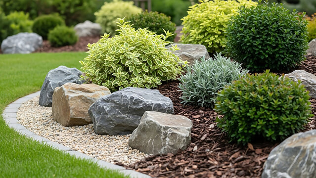 A beautifully landscaped rock garden featuring diverse shrubs, large decorative stones, and rich bark mulch for modern backyard design