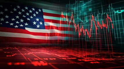 Stock market crash in America showing economic recession with downward trending graph and the American flag backdrop, ideal for financial news