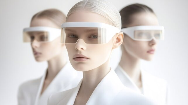Three women in futuristic white glasses. Concept of virtual reality, metaverse, cyber world, and future technology. Cloud Dancer Color of the Year 2026.