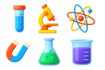 3D Science Icons. 3D icon set of science class: test tube, microscope, atom model, magnet, flask, beaker. A set of 3D-style icons