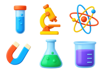 3D Science Icons. 3D icon set of science class: test tube, microscope, atom model, magnet, flask, beaker. A set of 3D-style icons