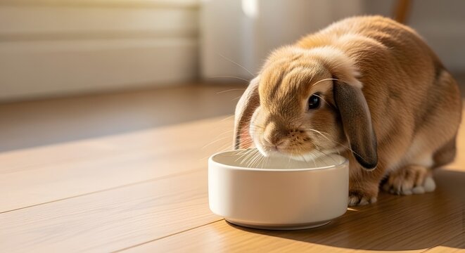 Brown lop-eared rabbit drinking water from a small bowl on a wooden floor in natural sunlight for pet care and home comfort concept