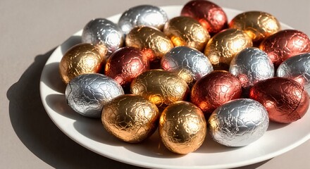 Obraz premium Chocolate easter eggs wrapped in shiny metallic foil. Assortment of gold and silver candy on a plate. Sweet holiday treat for spring celebration