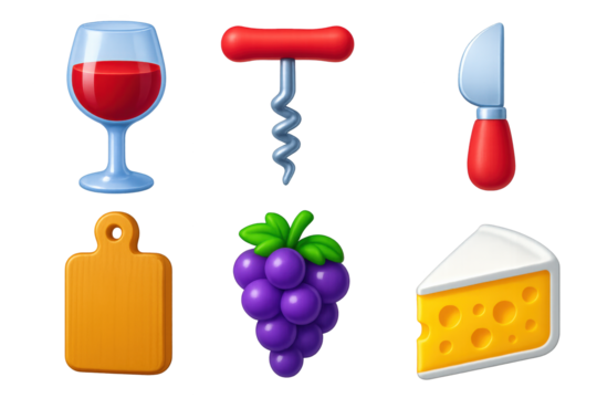 Wine and Cheese Icons. 3D icon set of wine and cheese: wine glass, corkscrew, cheese knife, cutting board, grape bunch, brie wedge