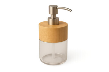 Obraz premium Modern liquid soap dispenser combining natural wood and glass with a stainless steel pump for bathroom, kitchen, or personal hygiene