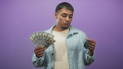 Man holds fanned us dollar bills in left hand and a car key fob in right hand against a purple...
