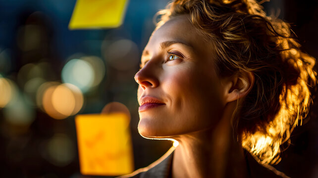 A woman gazes with a serene expression, bathed in warm light, possibly contemplating ideas on sticky notes in a collaborative workspace.