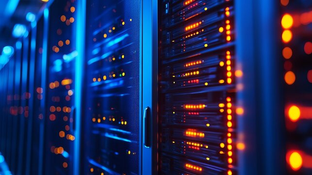 Powerful servers glowing in the dark provide data storage, processing, and networking in a modern data center or server room for global communications - Powered by Adobe