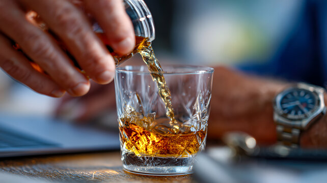 Close-up of a person pouring a golden beverage into a crystal glass. The amber liquid reflects light beautifully as it splashes into the glass.