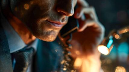 Focused man on the phone at night, illuminated by a warm lamp. Communication, intensity, and professionalism are key elements of the shot.