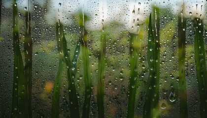 close up of raindrops on a glass window creating a soothing effect against a backdrop of lush green foliage
