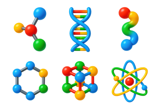 3D Molecular Icon Set. 3D icon set of molecular models: ball-and-stick model, double helix, protein chain, benzene ring, crystal