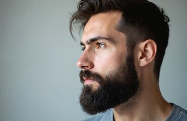 Obraz premium Young adult male side profile portrait. Full dark brown beard, stylish hair with faded haircut. Looks serious, pensive, deeply thoughtful. Caucasian man poses against plain, light gray background,