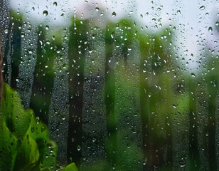 close up of raindrops on a window with lush green foliage blurred in the background creating a serene and peaceful mood