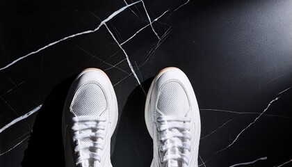 white sneakers on black marble floor with striking light and shadow contrast