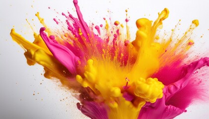 a vibrant explosion of yellow and pink paint splatters against a white backdrop creating an energetic and dynamic visual