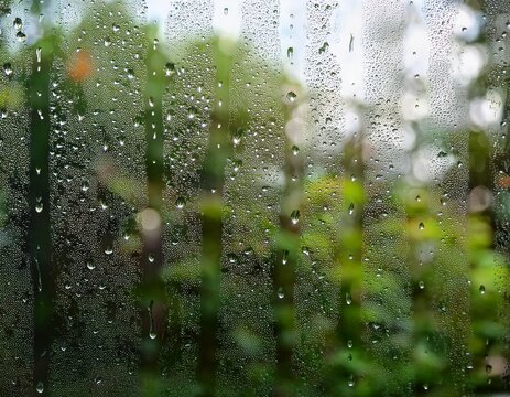 a close up of raindrops on a window creating a blurred view of lush green foliage outside - Powered by Adobe