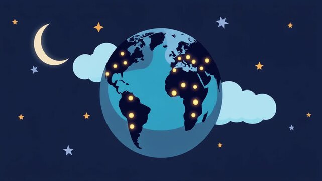 Planet Earth at night vector illustration with glowing city lights crescent moon and stars in outer space Global world concept cartoon