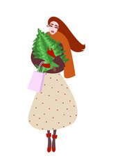 Postcard A girl with messy hair  in a jacket, skirt and red gloves is holding a Christmas tree, a gift. Festive modern poster for the New Year holidays. Vector on a white background.