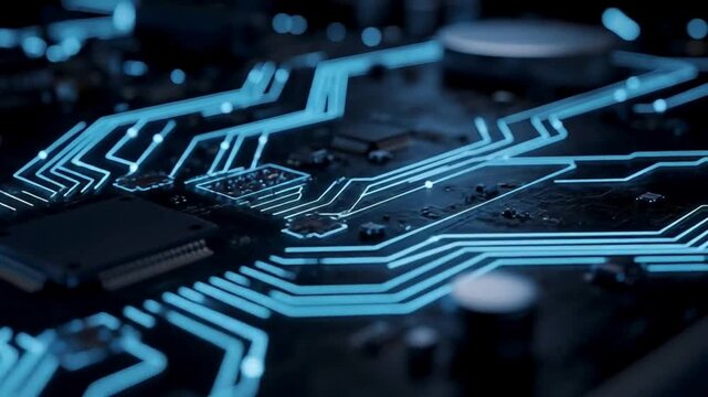 Glowing blue circuitry on advanced motherboard, futuristic electronic pathways illuminating modern microchip technology, high-tech digital circuit board animation for innovation themes