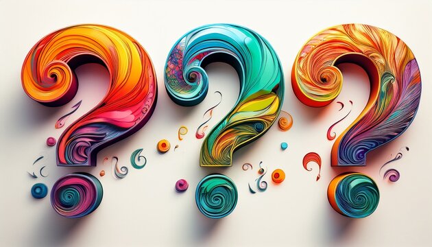 colorful question marks designed with vibrant swirls and textures isolated on white background