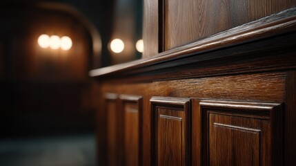 Close-up of polished wooden panels highlighting intricate grain patterns and textures in a vintage interior setting with soft ambient lighting