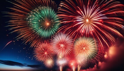 Fototapeta premium vibrant fireworks display illuminating the night sky with red green and gold bursts