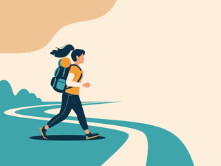 A woman hikes along a winding path, confidently owning her journey. Bold typography emphasizes self-determination and adventure. Vibrant colors and a dynamic composition create a motivational image.