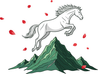 A majestic white horse leaps over a mountain, surrounded by falling rose petals. ?Rise to Top? text below. Dramatic, inspiring image for business and motivation themes.