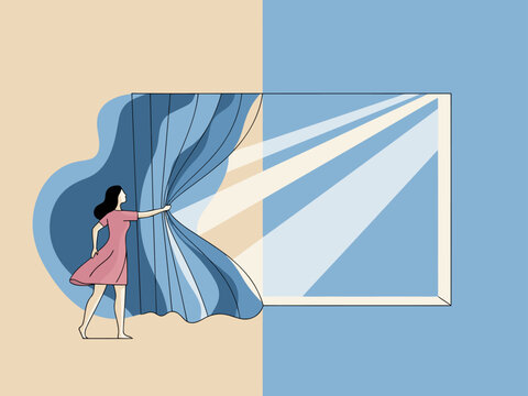 A woman dramatically pulls back a curtain revealing a bright, rising sun. This illustration symbolizes new beginnings and optimism. Modern, graphic style.