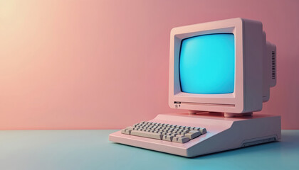 Pink retro computer with bright blue screen sits on a pastel blue table. Minimalist vintage setup with old tech on soft pink background. Nostalgic desktop device from past era.