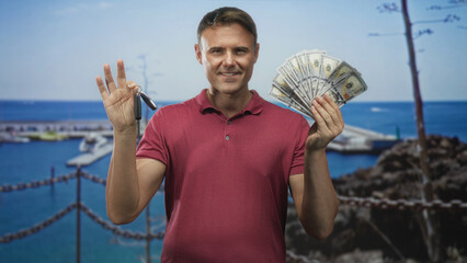 Man holding car keys in one hand and fanning a stack of us dollar bills with the other on a sunny...