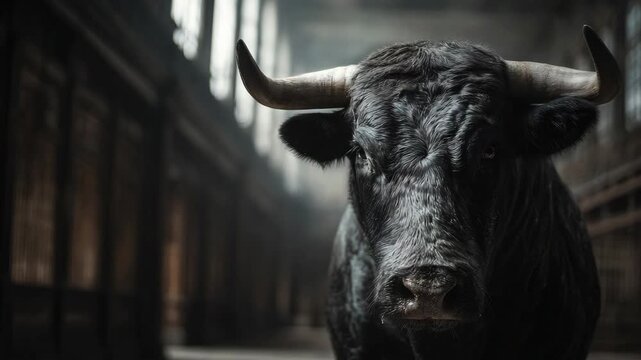 Powerful black bull with large horns staring intensely