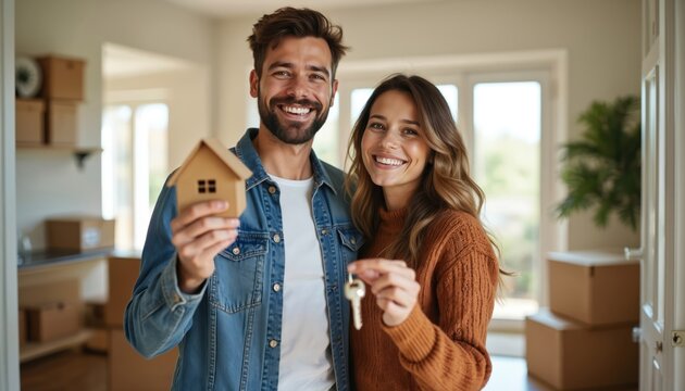 Happy young couple hold house keys and model home inside their new apartment. Boxes indicate moving day is here. They celebrate first home purchase as happy homeowners.