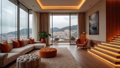 Fototapeta premium Modern luxury apartment offers panoramic city, sea views from floor to ceiling windows. Comfortable sofa, stylish orange armchair, interior staircase create elegant living space. Cityscape, hillside